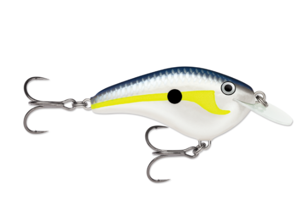 Blue, yellow, and white fishing lure with scale pattern and two treble hooks.