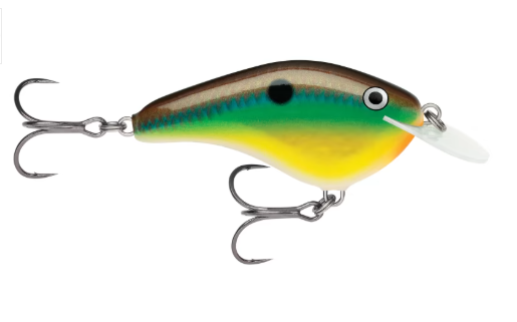 Brown, green, and yellow fishing crankbait with two treble hooks.