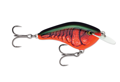 Red crawdad fishing lure with green back, orange belly, and two treble hooks.