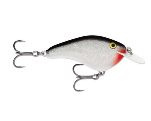 Silver and black fishing lure with red chin and yellow eyes.