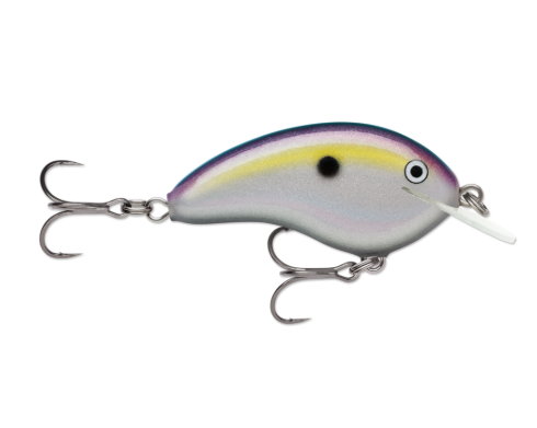 Pearlescent silver, yellow, and purple crankbait fishing lure with two hooks.
