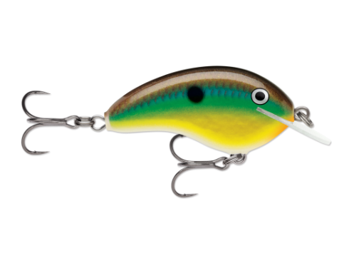 Colorful fishing lure with brown, green, yellow, and orange body, and two treble hooks.