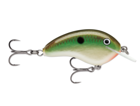 Green and cream shad-shaped fishing lure with a white diving lip.