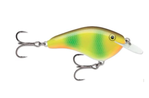 Vibrant yellow and green striped fishing lure with brown back and white diving lip.
