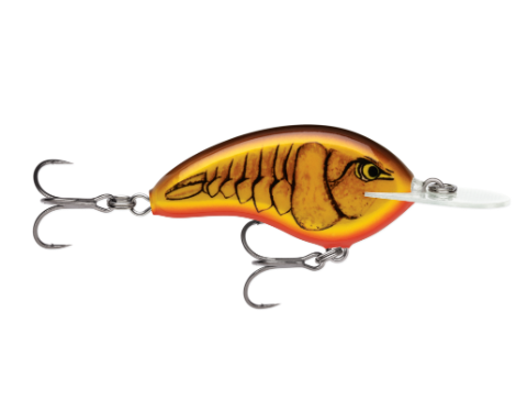 Dark brown and orange crawdad fishing lure with two treble hooks.