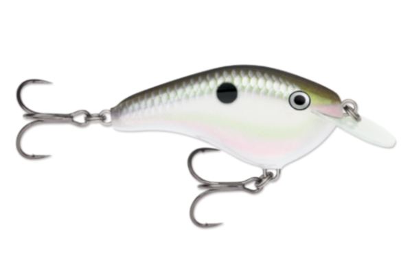 Green gizzard shad fishing lure with black dot, silver scales, and two treble hooks.
