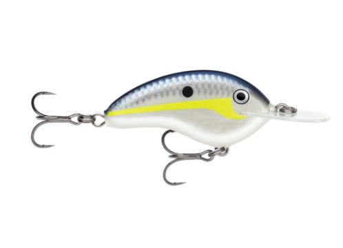 Silver and blue fishing lure with a yellow stripe and two treble hooks.