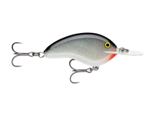 Silver fishing lure with black back, yellow eye, red chin, and two treble hooks.