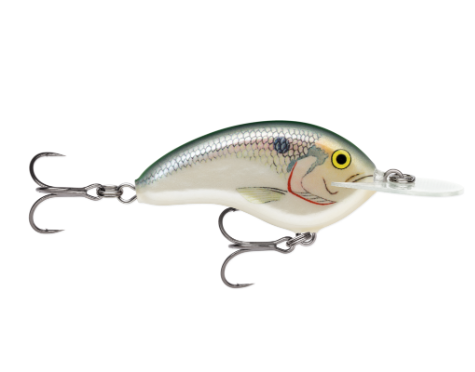 A white and green fish-patterned fishing lure with yellow eyes and two treble hooks.