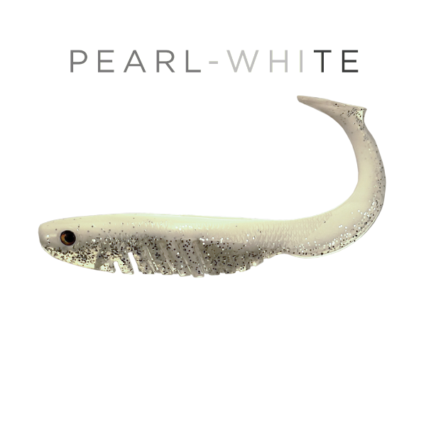 Pearl-white fishing lure on a white background with 'PEARL-WHITE' text above it.