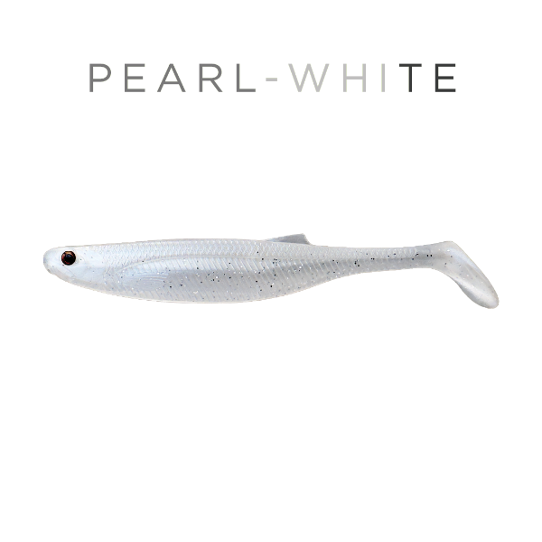 Pearl-white fishing lure on a white background with 'PEARL-WHITE' text above it.