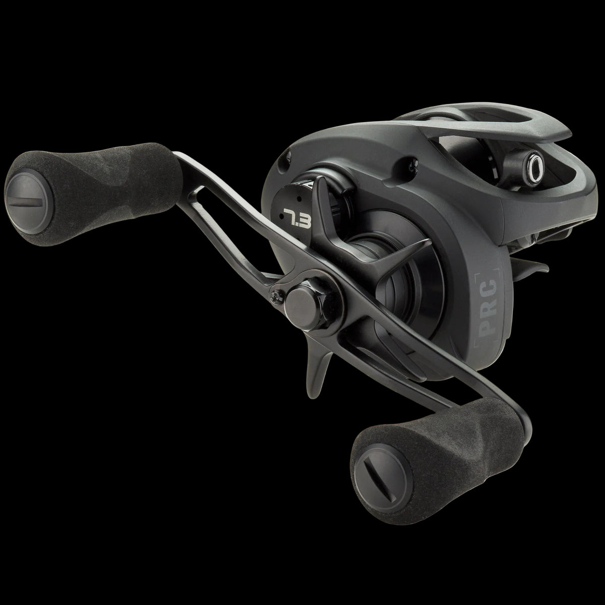 A black baitcasting fishing reel with dual foam handles, shown at a three-quarter angle on a clean white background. The reel features the '7.