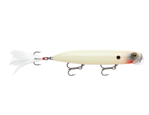 Off-white fishing lure with realistic eyes, feathered tail, and two treble hooks.
