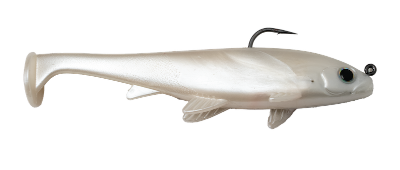 White fishing lure with a hook on a white background