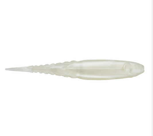 Translucent pearlescent white soft plastic fishing lure with a tapered body.