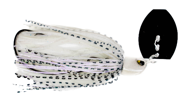 Fishing lure with white and black pattern on a white background