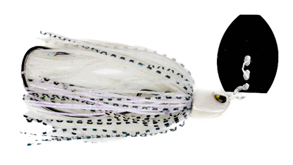 Fishing lure with white and black pattern on a white background