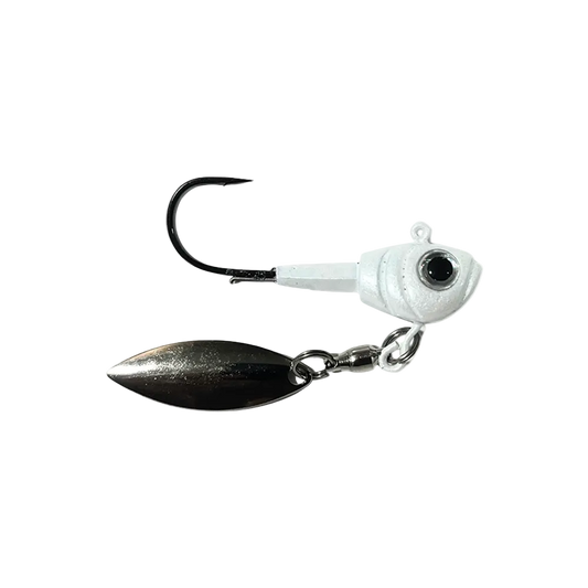Fishing lure with a metal blade and white body on a white background