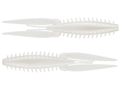 Three white plastic fishing lures with teeth on a white background