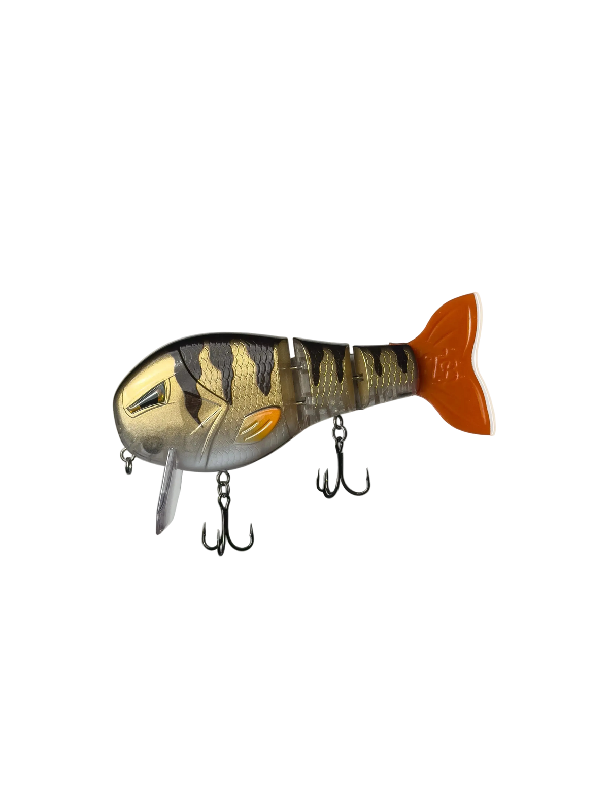 A soft plastic fishing lure shaped like a fish, featuring a gold and black tiger-stripe pattern on the top, a silver belly, and a bright orange tail, shown against a plain white background.