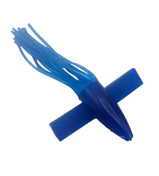 Blue fishing lure with frayed end on a white background