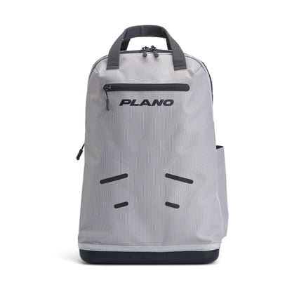 Light grey Plano tackle backpack with dark grey accents and top handles.