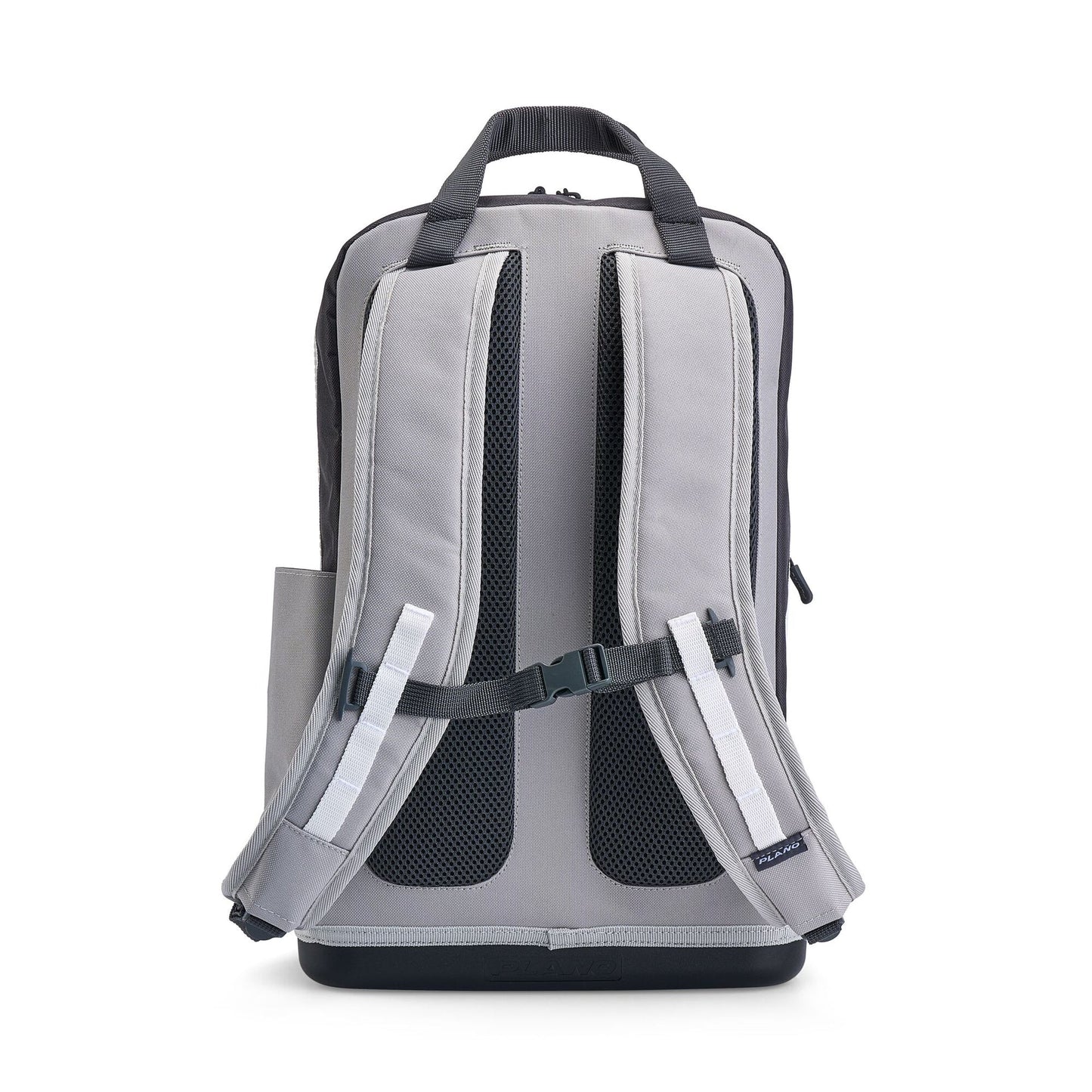 Back view of a grey and dark grey Plano backpack with padded shoulder straps.