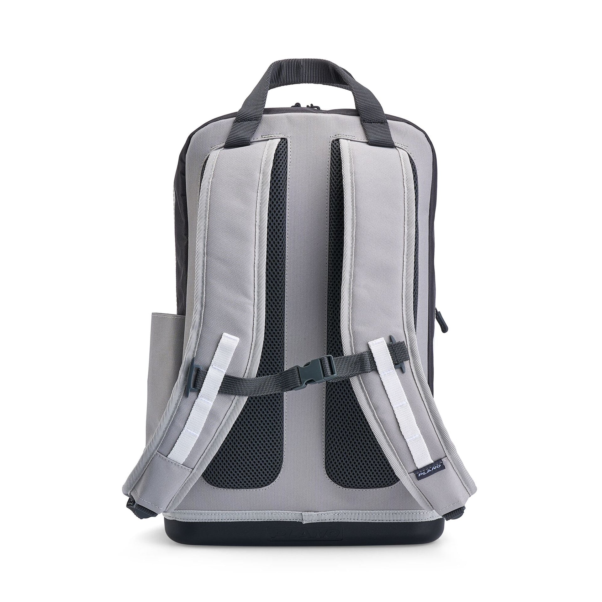 Back view of a grey and dark grey Plano backpack with padded shoulder straps.