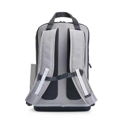 Back view of a grey and dark grey Plano backpack with padded shoulder straps.