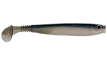 Fishing lure with a silver and black body on a white background