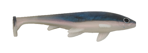 Shiny blue and silver fishing lure on a white background
