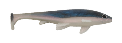Shiny blue and silver fishing lure on a white background