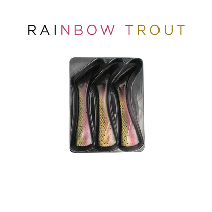 Packaged rainbow trout with 'Rainbow Trout' text above on a white background