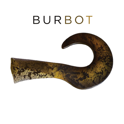 Fishing lure with 'Burbot' branding on a white background