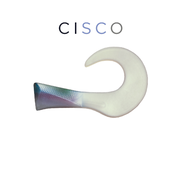 White fishing hook with gradient color on a white background, featuring the Cisco logo.