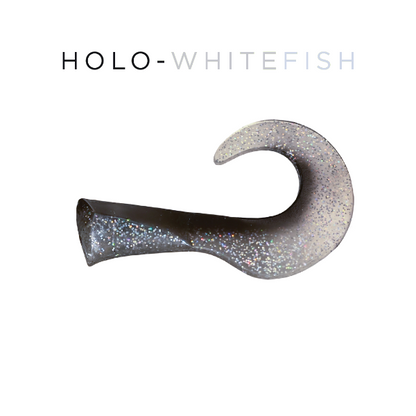Fishing lure with glittery finish on a white background, labeled 'HOLO-WHITEFISH'.