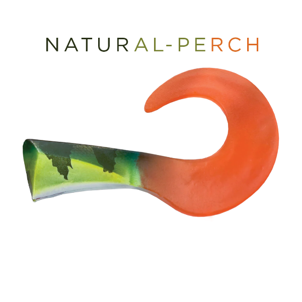 Orange and green fishing lure with 'Natural Perch' branding on a white background