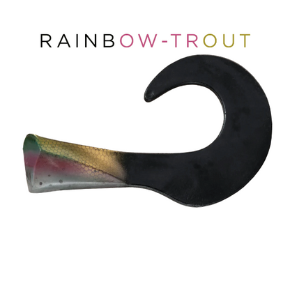 Black fishing hook with rainbow pattern on a white background, labeled 'Rainbow Trout'.