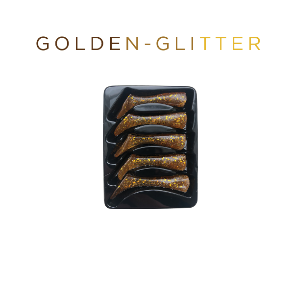 Set of gold glittery objects in a black tray with 'GOLDEN-GLITTER' text above.