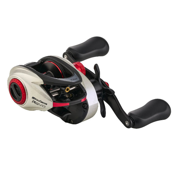 Silver and black Abu Garcia low profile fishing reel with red accents.