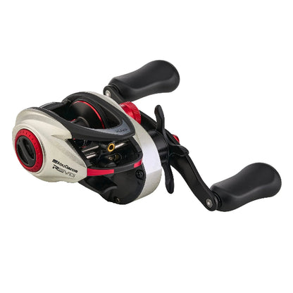 Silver and black Abu Garcia low profile fishing reel with red accents.