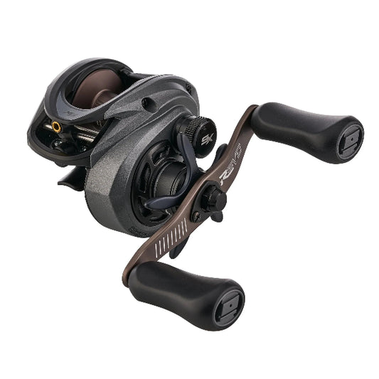 Dark grey ABU Revo SX low profile fishing reel with bronze handle.