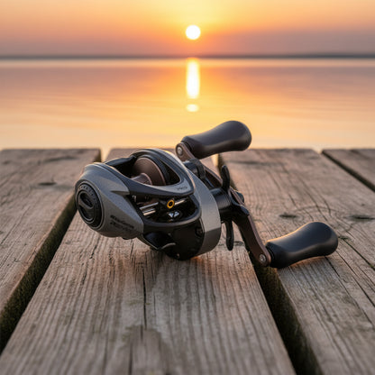 Textured dark grey and brown Abu Garcia Revo SX low profile fishing reel.