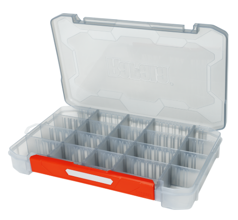 Open clear plastic storage tray with multiple compartments and an orange latch.