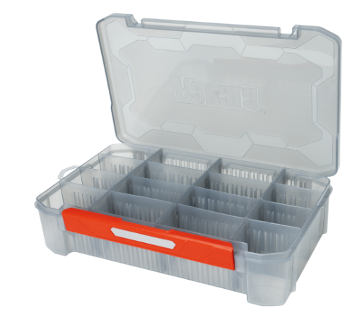 Open clear plastic Rapala tackle tray with multiple compartments and orange latch.