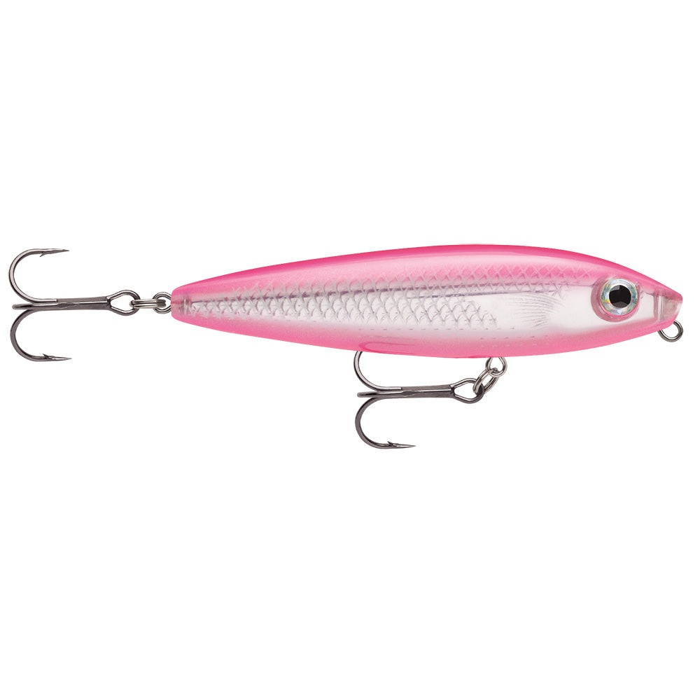 Angled hot pink and silver fishing lure with scale texture and two hooks.