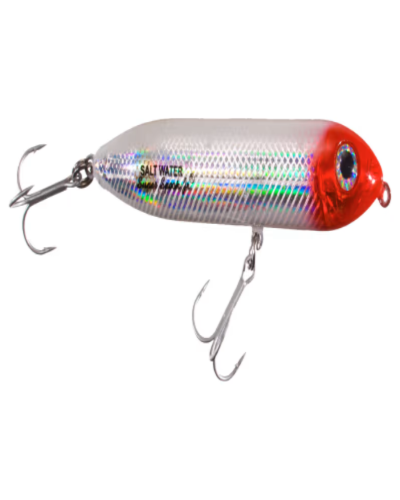 A silver holographic fishing lure with a bright red head and two treble hooks.