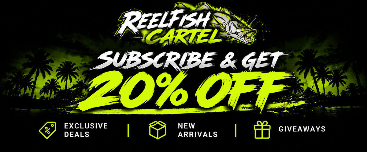 Promotional banner for Reelfish Cartel with the text 'Subscribe & Get 20% Off' in large neon yellow and white lettering over a dark tropical background with palm trees. Smaller text at the bottom lists exclusive deals, new arrivals, and giveaways.