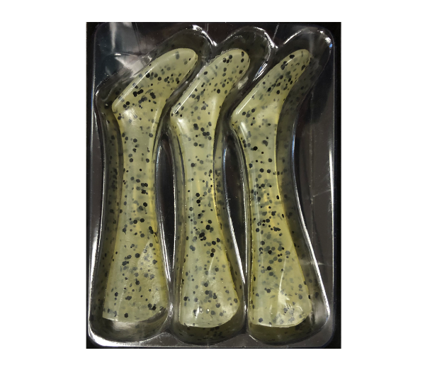 Three green fishing lures with black speckles in a clear plastic packaging on a white background.