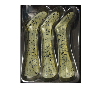 Three green fishing lures with black speckles in a clear plastic packaging on a white background.